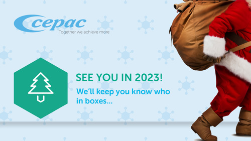 Santa shown walking off image edge. Text reads, See you in 2023! We'll keep you know who in boxes...