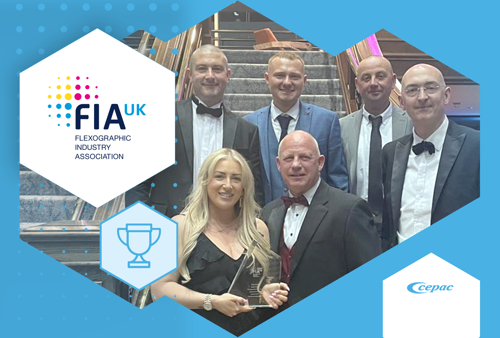 Cepac staff from the Rawcliffe site attended at FIA UK. Pictured are five staff members and anopther gueat on a staircase. One team member is holding a trophy.