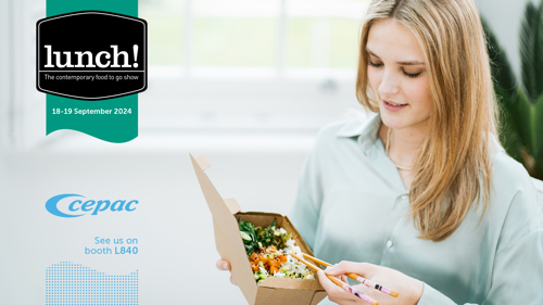 A woman eating from a cardboard food tray, with a Lunch! logo, a Cepac logo and the message" See us on booth L840