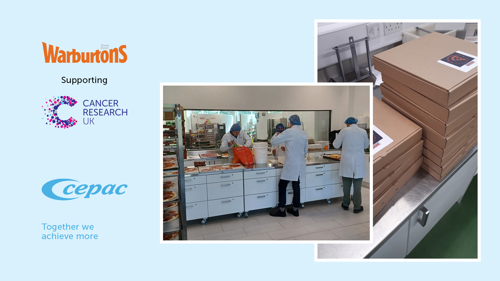 Two photographs of Warburtons staff serving pizza at a fundraising event. Beside the images is a Warburtons logo, a Cancer Research UK logo and the Cepac logo.