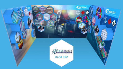 Image of stand design and layout for the ChemUK Expo. Message is: ChemUK 2023, Stand K92.
