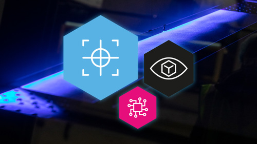 Hexagon graphic with tech icons over an image of a digital printer. Lighting is a neon effect.