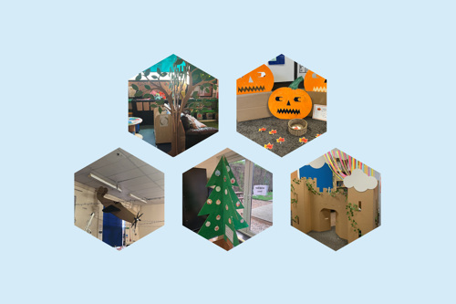 Images of cardboard decorations including: a tree, pumpkins, a plane, a christmas tree and a castle