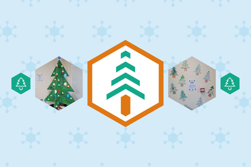 Illustration of a Xmas tree with images of cardboard cutout xmas trees