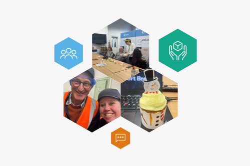 Photo montage of NSPCC staff at the Rawcliffe site. Images are contained in hexagonal frames and surrunded by small icons.