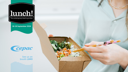 Closeup of a woman eating from a cardboard food tray with a Lunch! logo, a Cepac logo and the message" See us on booth L840