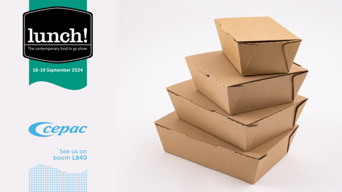 A stack of corrugated food packages with a Lunch! logo, a Cepac logo and the message" See us on booth L840