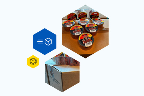 Images of brown boxes and packaging tape with 'support' and 'speedy delivery' icons.