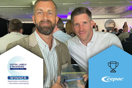 Digital Labels & Packaging Awards 2025. Application Excellence in Secondary Packaging winners. Image shows Chris and Martyn at the ceremony.