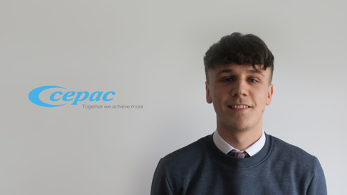 Portrait photograph of Luke Childs-Dixon with Cepac logo in background.
